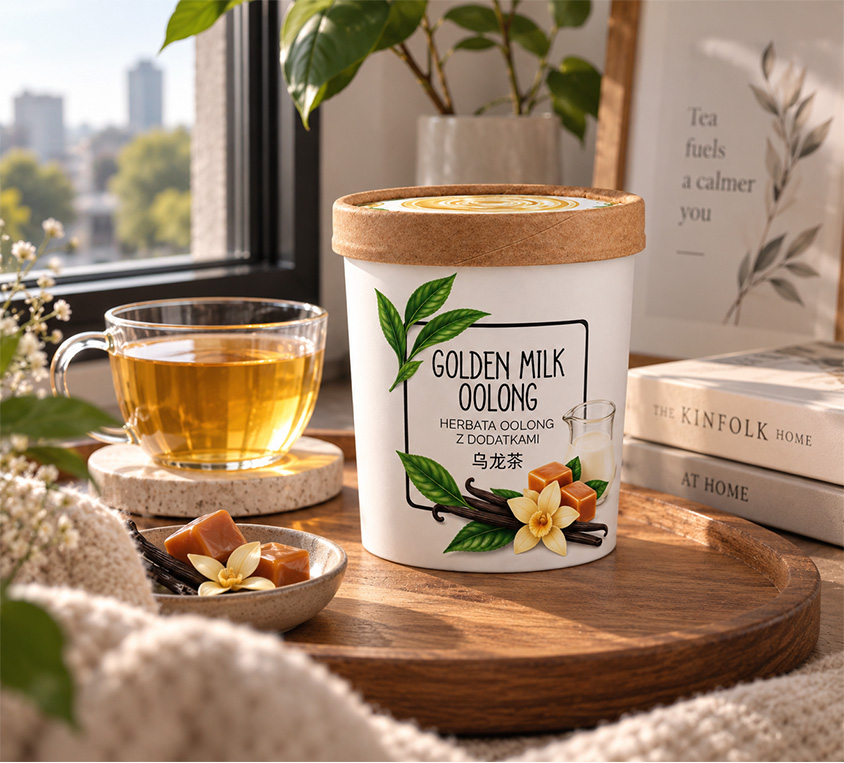 Golden Milk Oolong Leo Tea z pączkami Golden Tips w tekturowym kubku 70g